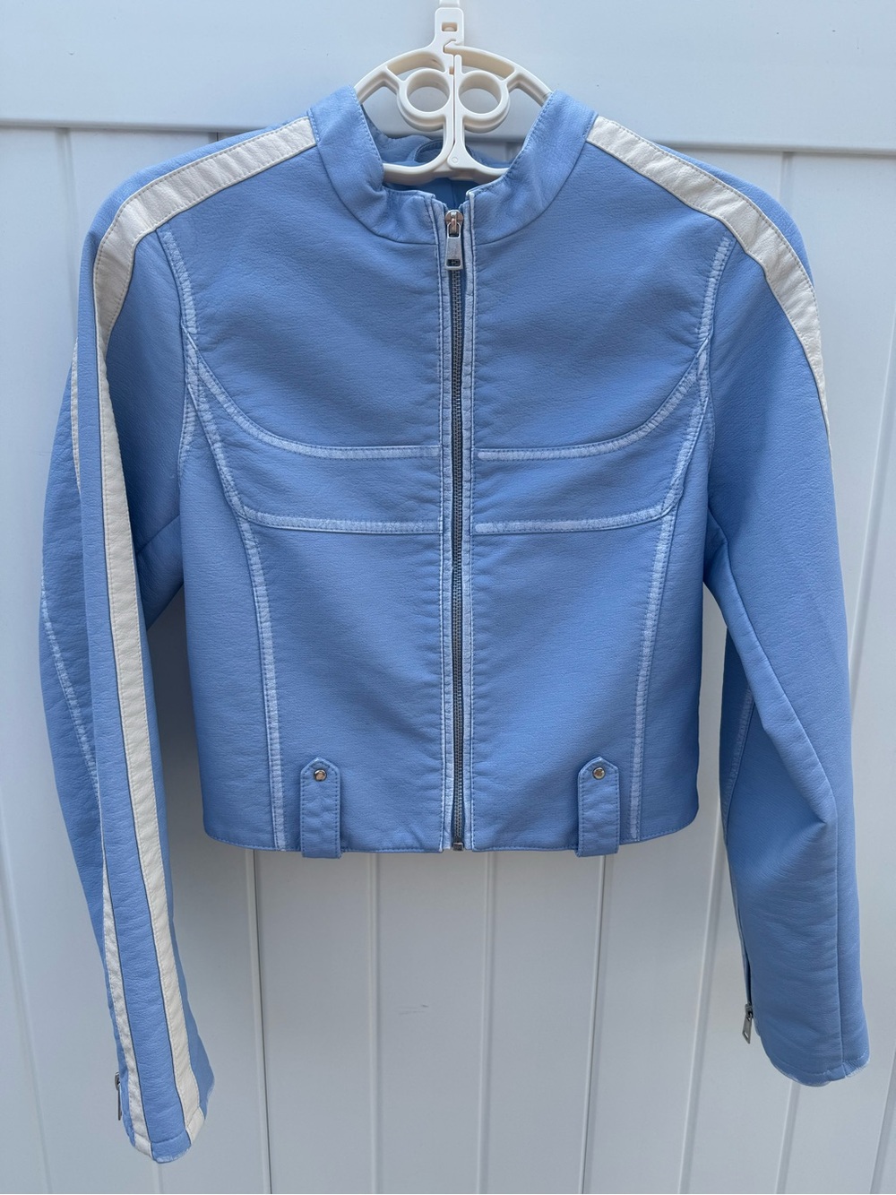 WUrban Outfitters Jordan Faux Leather Racer Moto Jacket Blue Cream SP